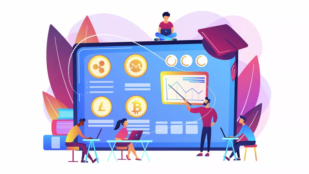 A crypto trading illustration where a trainer is explaining students how to do crypto trading.