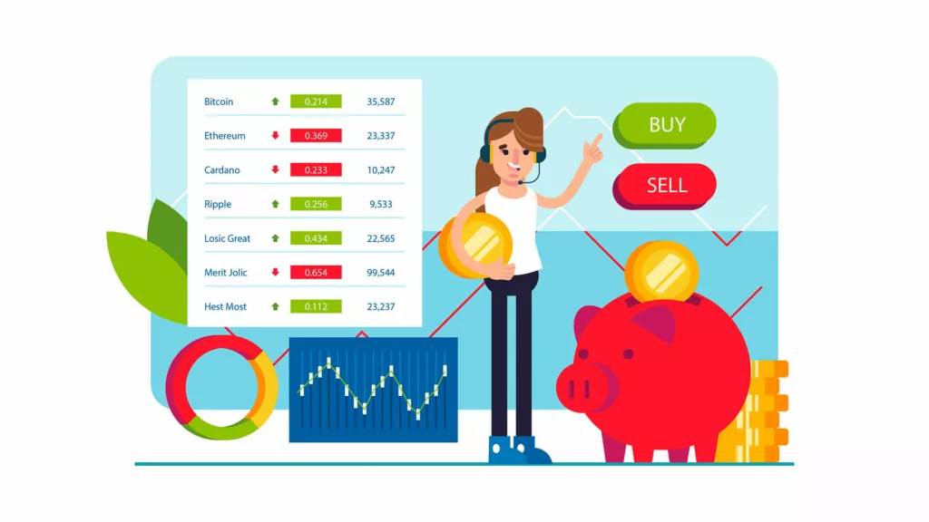 An illustration showing a crypto trader implementing risk management by keeping herself updated with the latest crypto prices and predictions in the market and making decision to buy the desired crypto coin.
