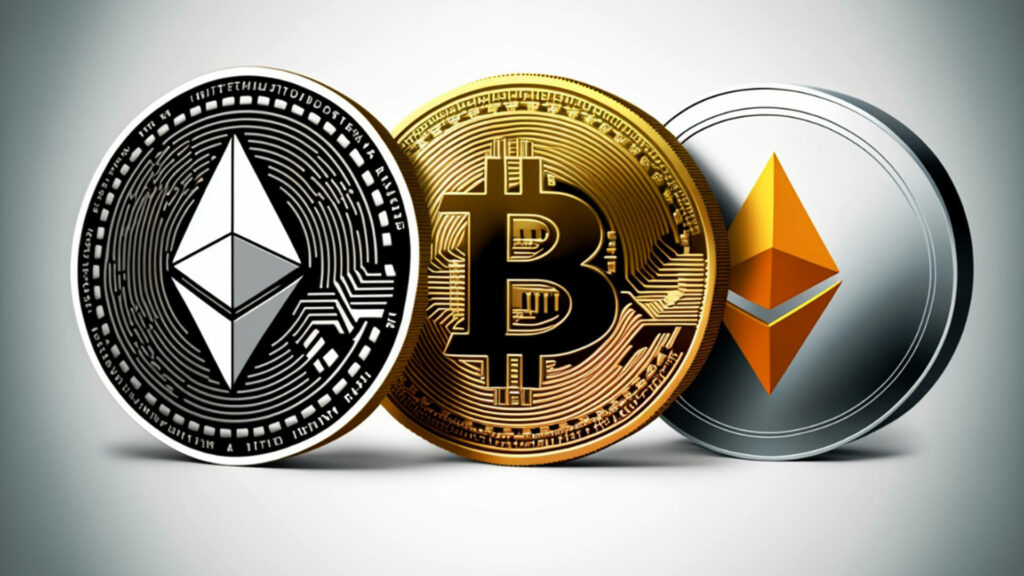 3 Top cryptocurrencies coin designs placed vertically adjacent to each other.