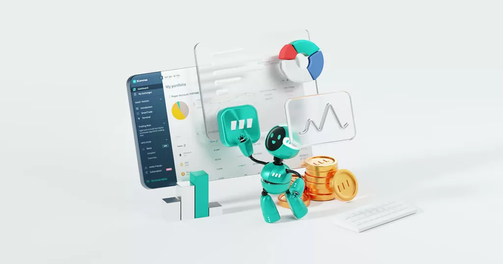 crypto algorithmic trading 3D illustration featuring a cyan color bot performing different tasks.