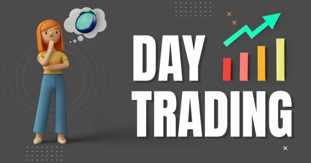 3D female character thinking about swing trading vs day trading and what day trading is.