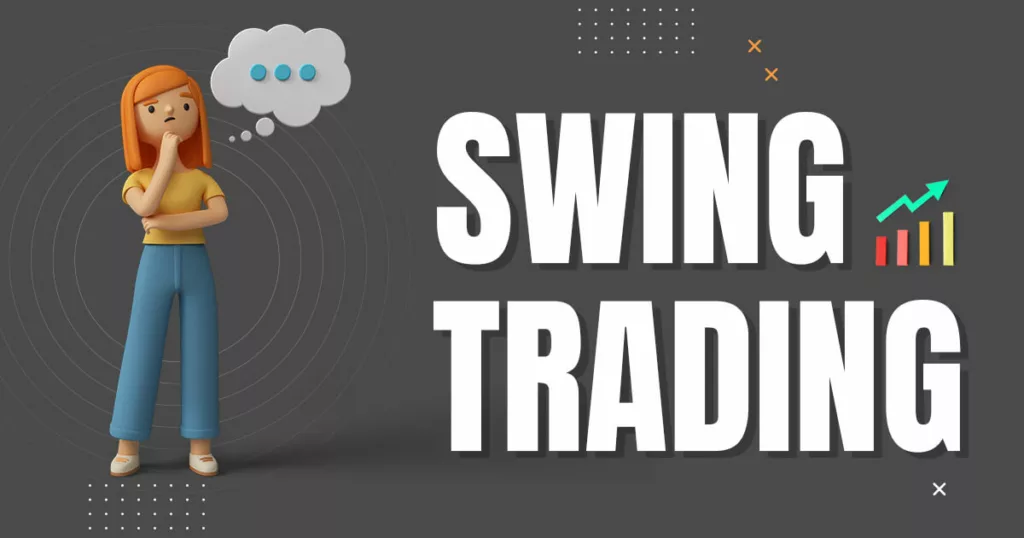 3D female character thinking about swing trading vs day trading and what swing trading is.